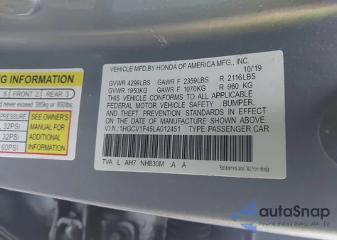 2020 Honda Accord Ex из США, поврежденный, VIN 1HGCV1F45L0LA0124